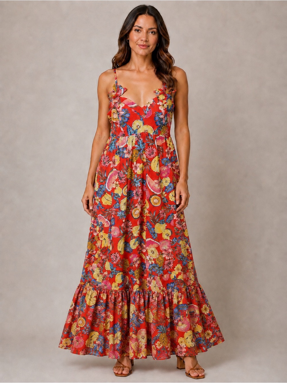 Fate red cotton voile maxi dress tropical fruit floral spaghetti straps LARGE